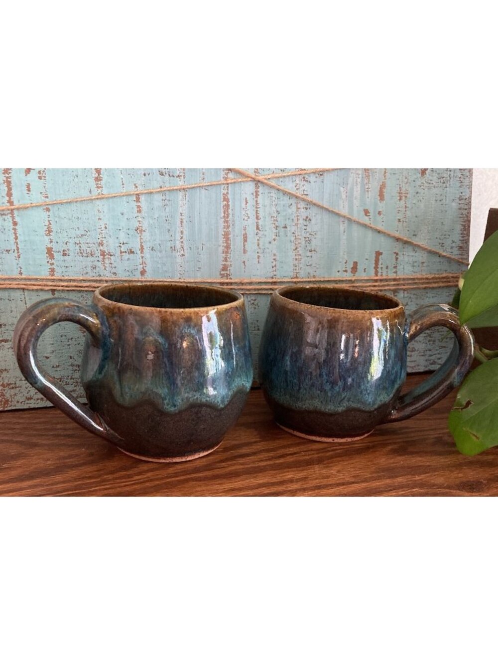 Handmade Blue Brown Drip Glaze Stoneware Ceramic Signed Mugs Set of 2 Vintage